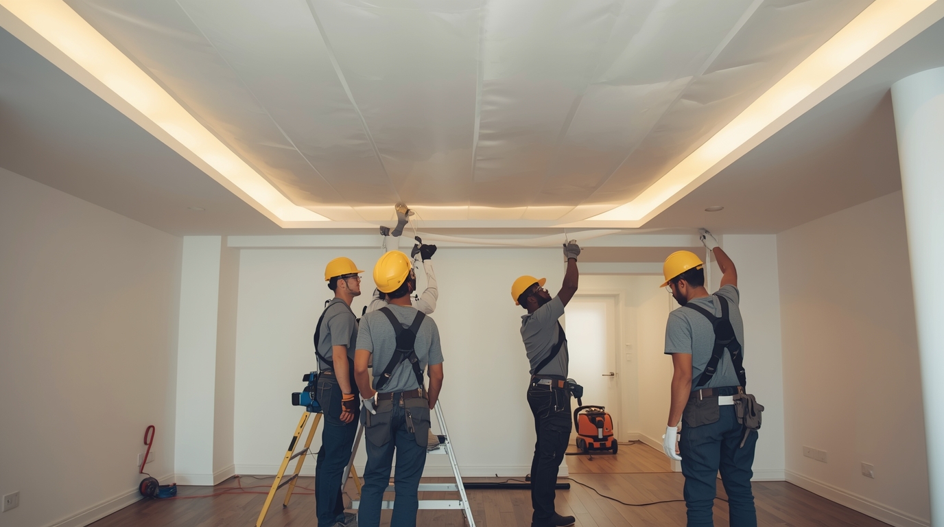 Ons Team aan het Werk Flourishvita team dat een stretch plafond installeert